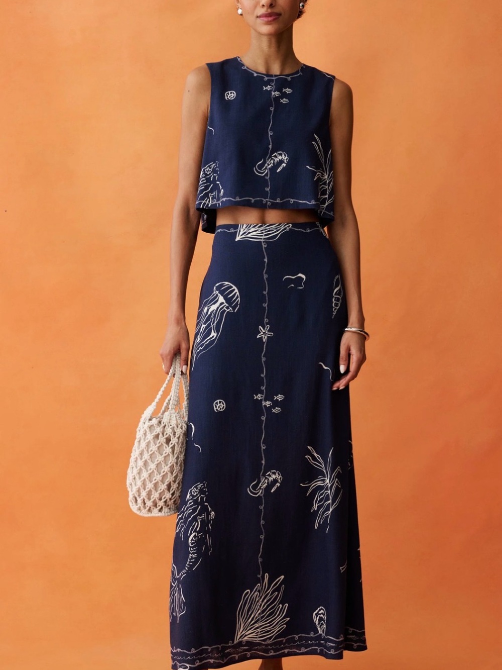 Navy Printed Maxi Dress with Ocean Motif
